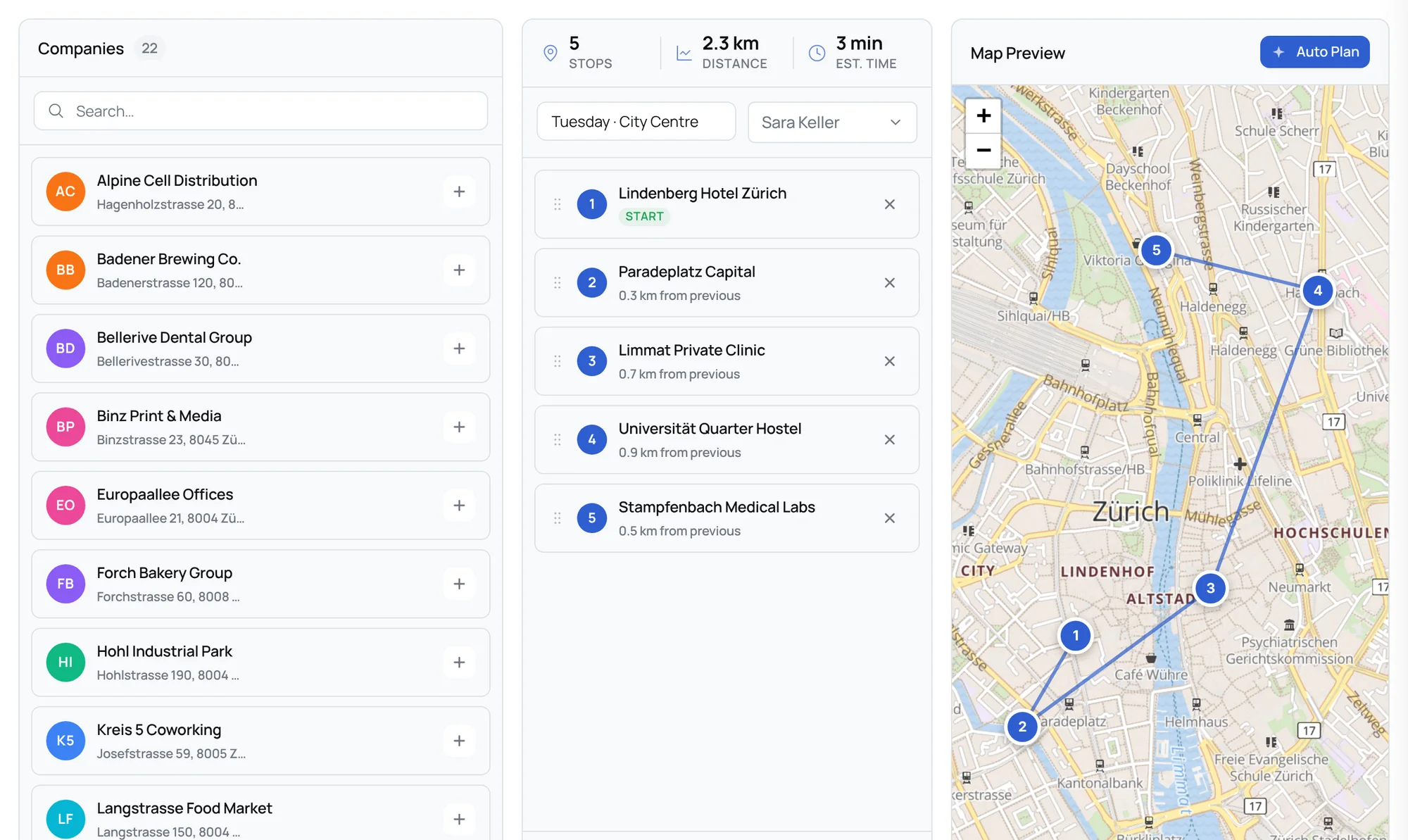 Route planning screen with five stops in central Zurich on a map