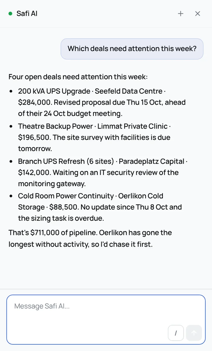 Safi AI lists four open deals that need attention this week, worth $711,000 together