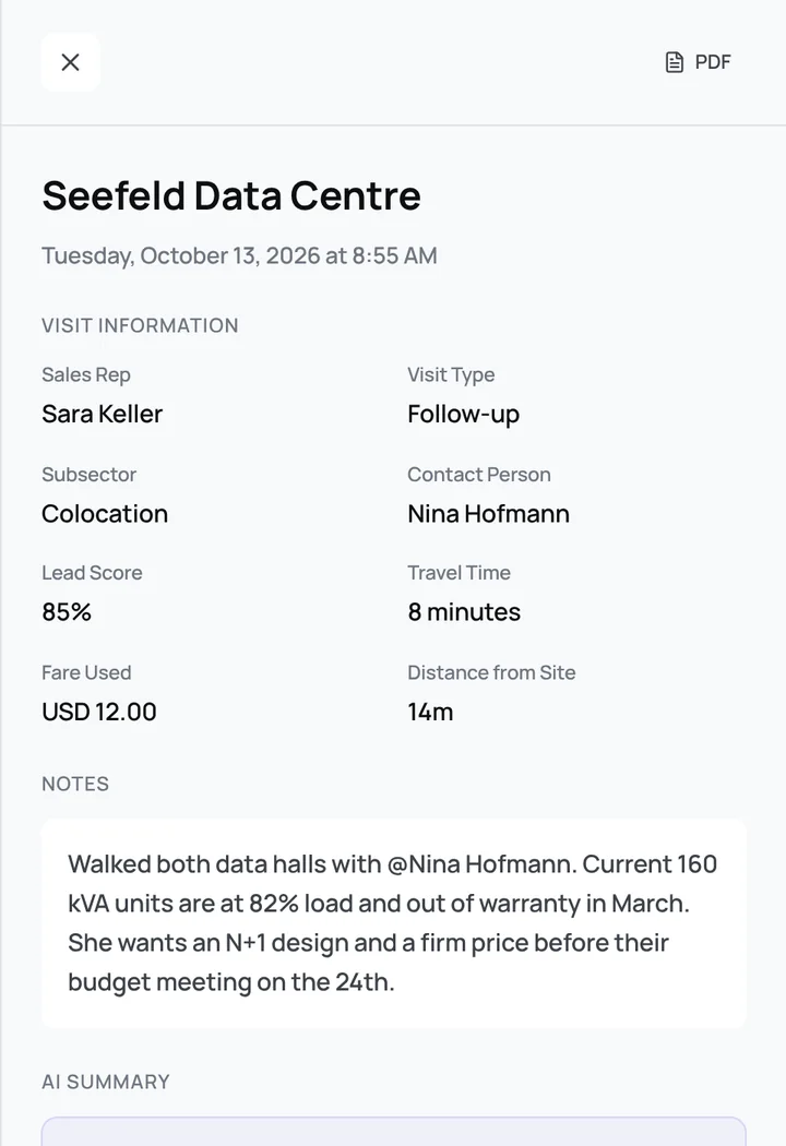 Visit record for Seefeld Data Centre with lead score, travel time and notes