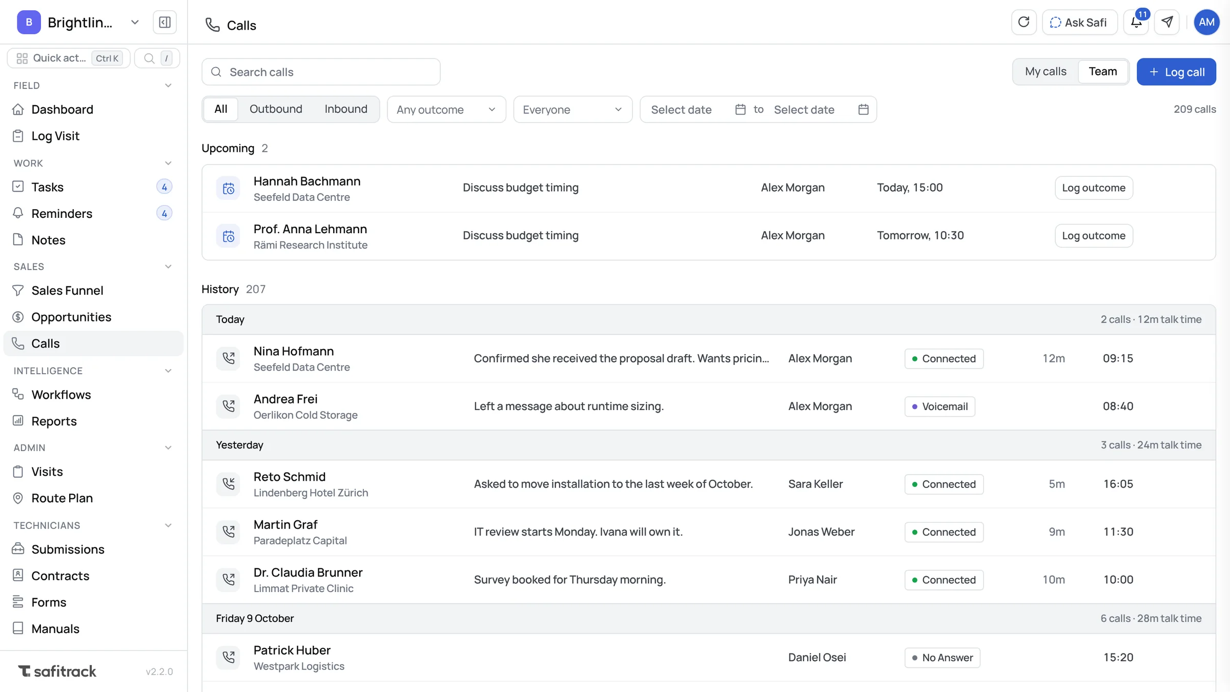 Calls in SafiTrack: upcoming scheduled calls and the team call history with outcomes