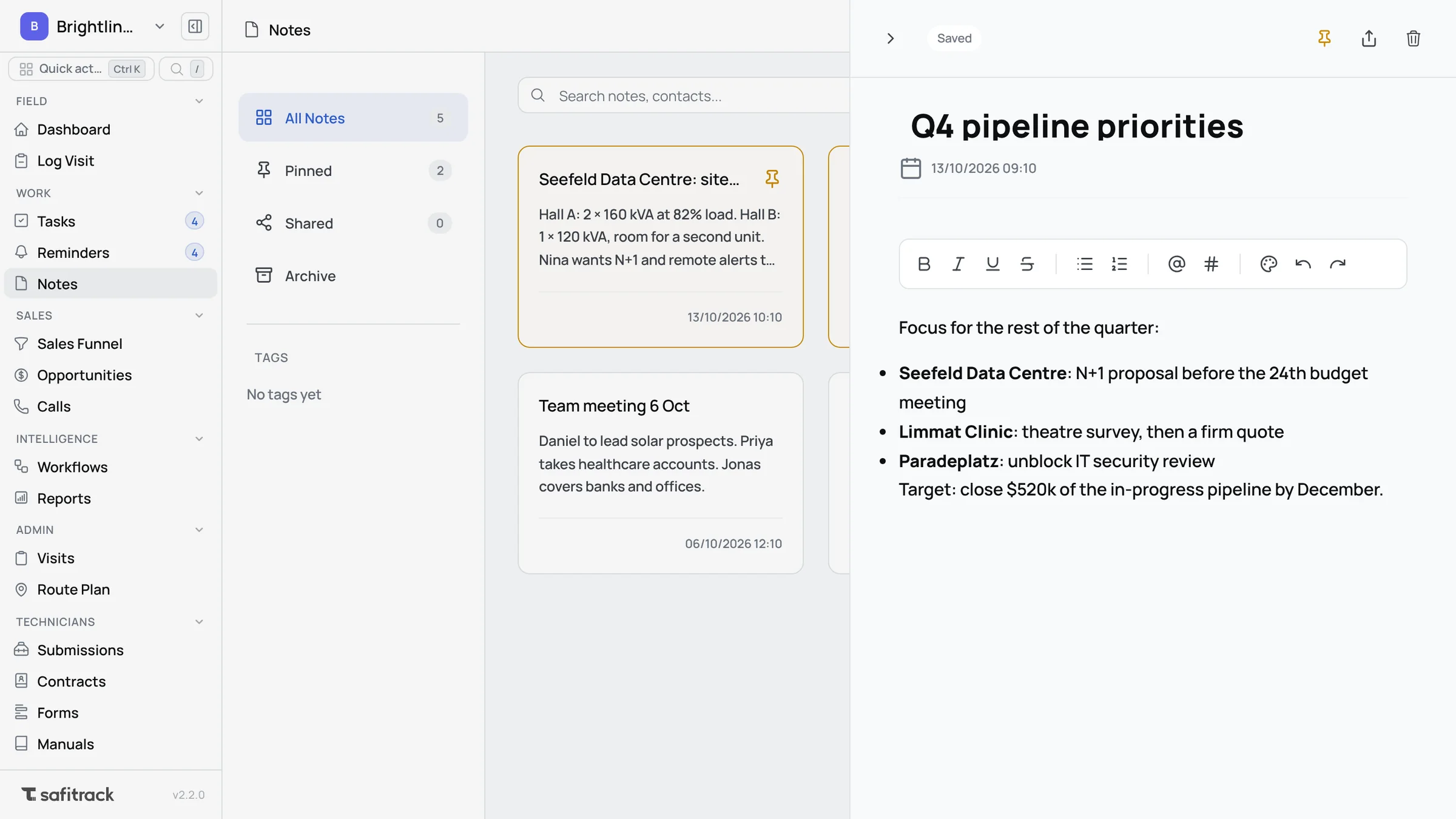 Notes in SafiTrack with a pinned pipeline note open in the editor