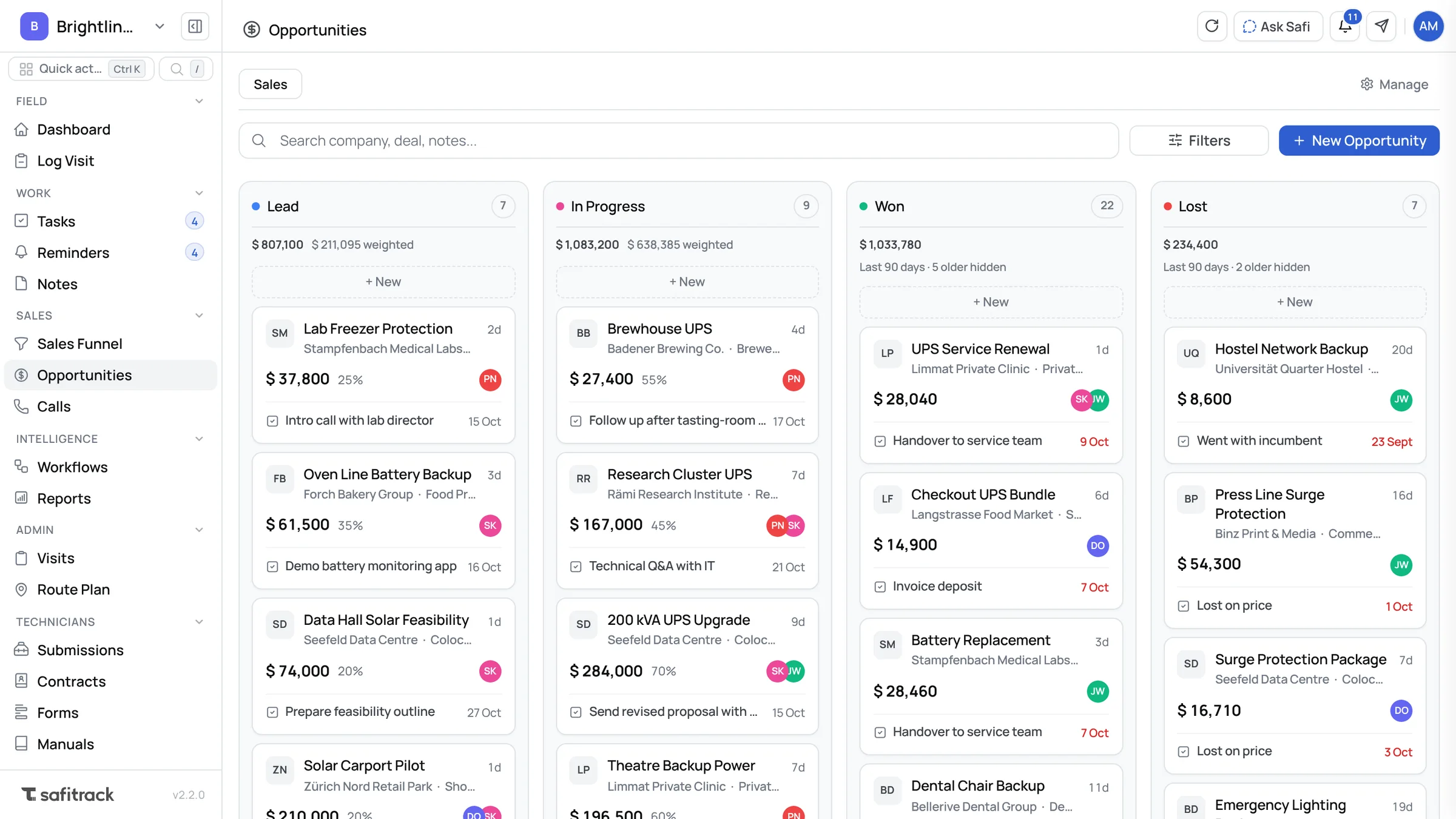 Opportunities board in SafiTrack with lead, in progress, won and lost columns