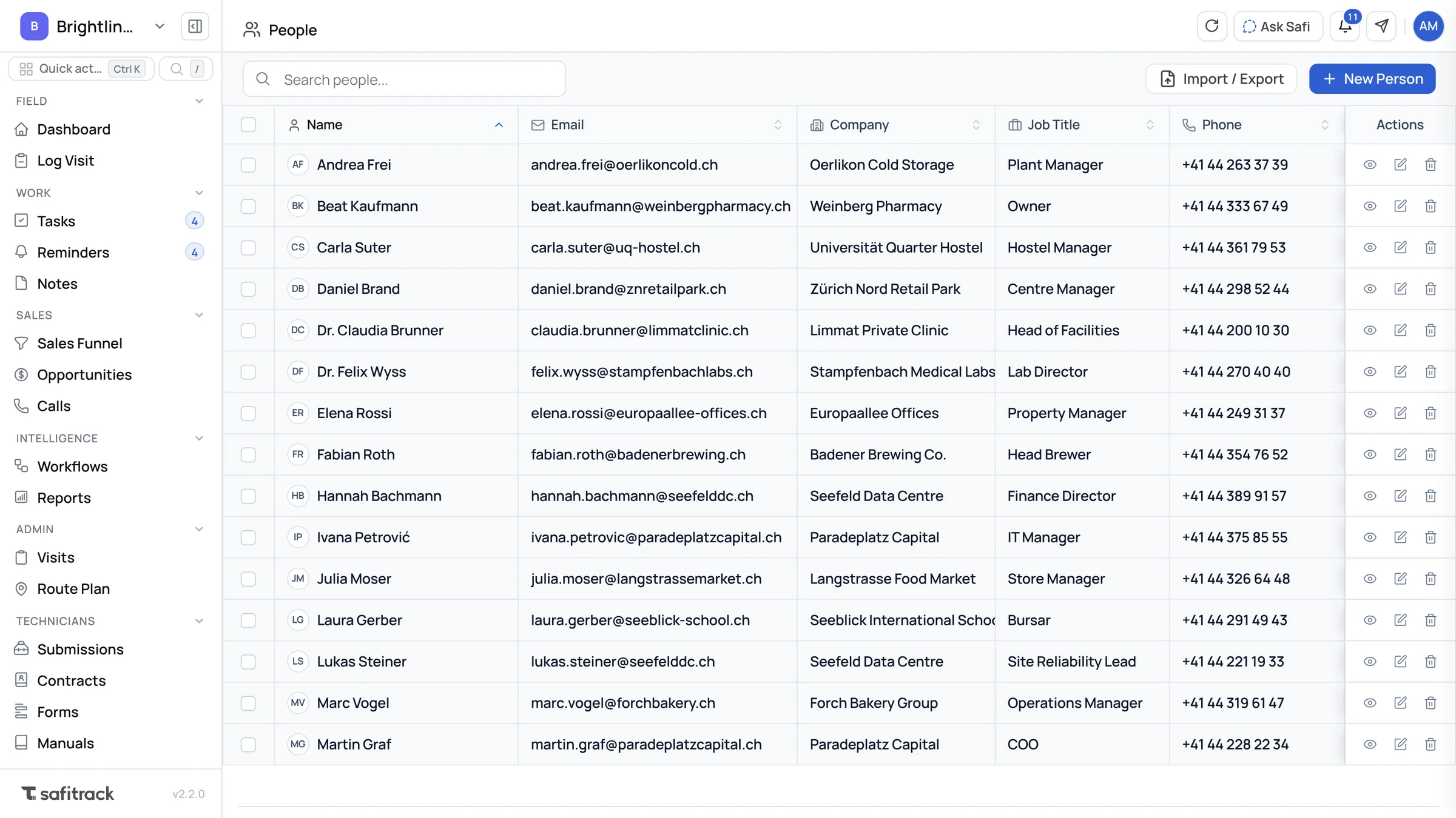 People list in SafiTrack with company, job title and phone