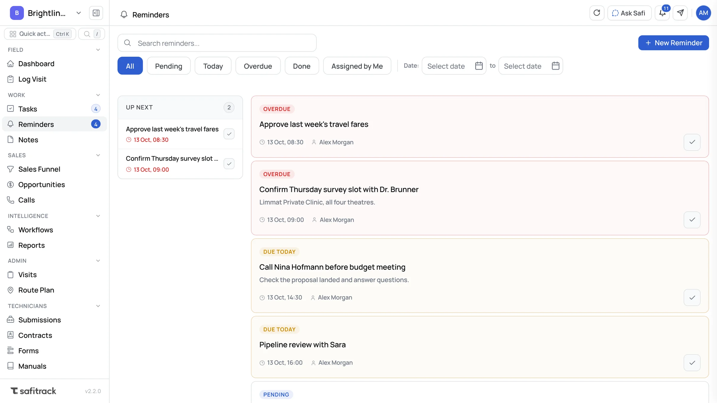 Reminders in SafiTrack with due-now, due-today and upcoming reminders