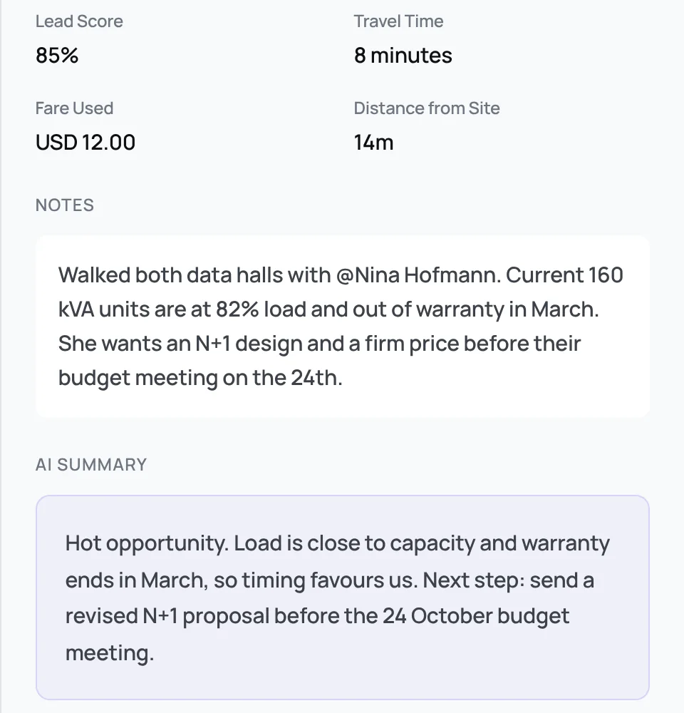A logged visit to Seefeld Data Centre: the rep's notes and the AI summary written from them
