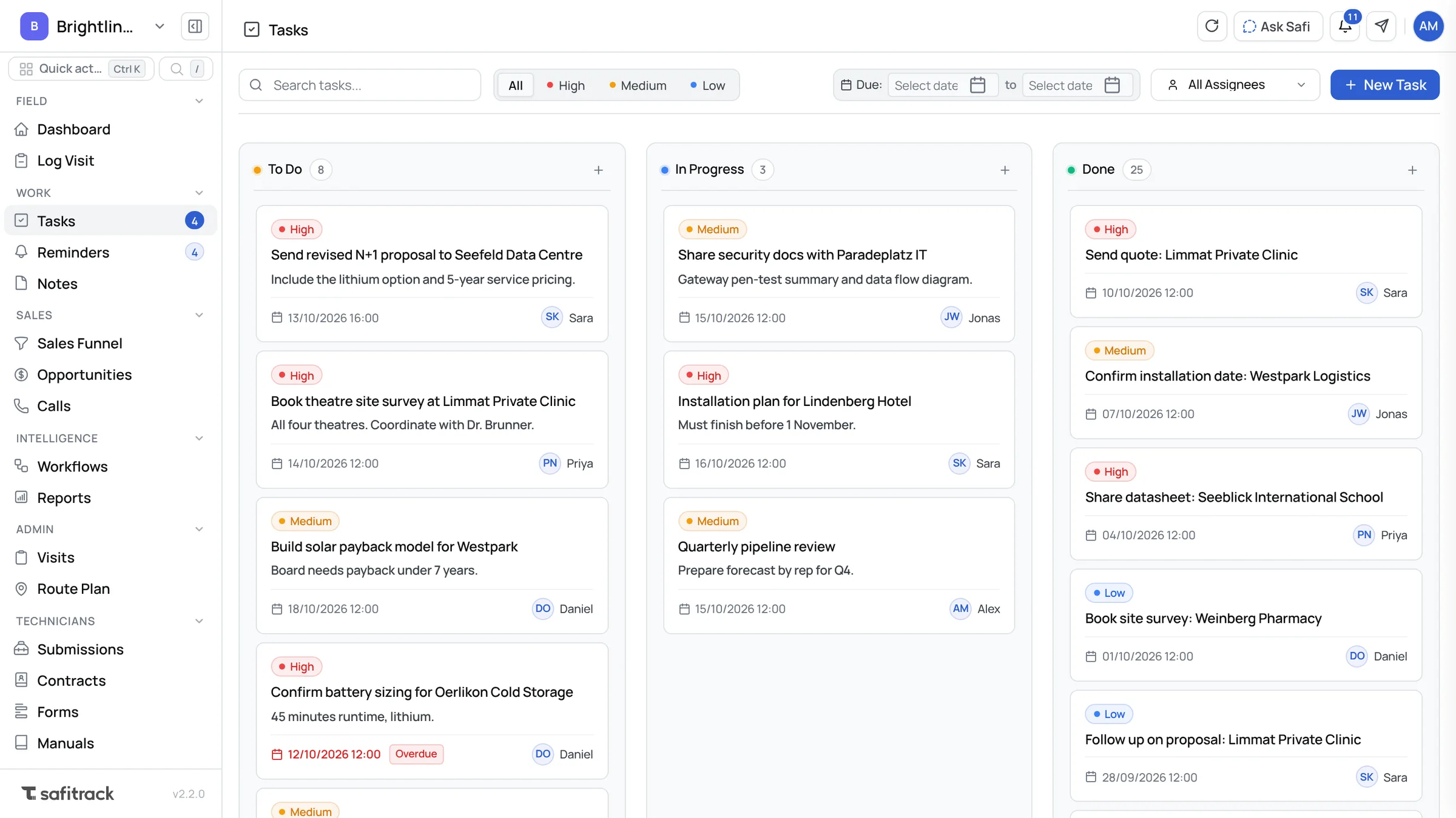 SafiTrack tasks board with to do, in progress and done columns