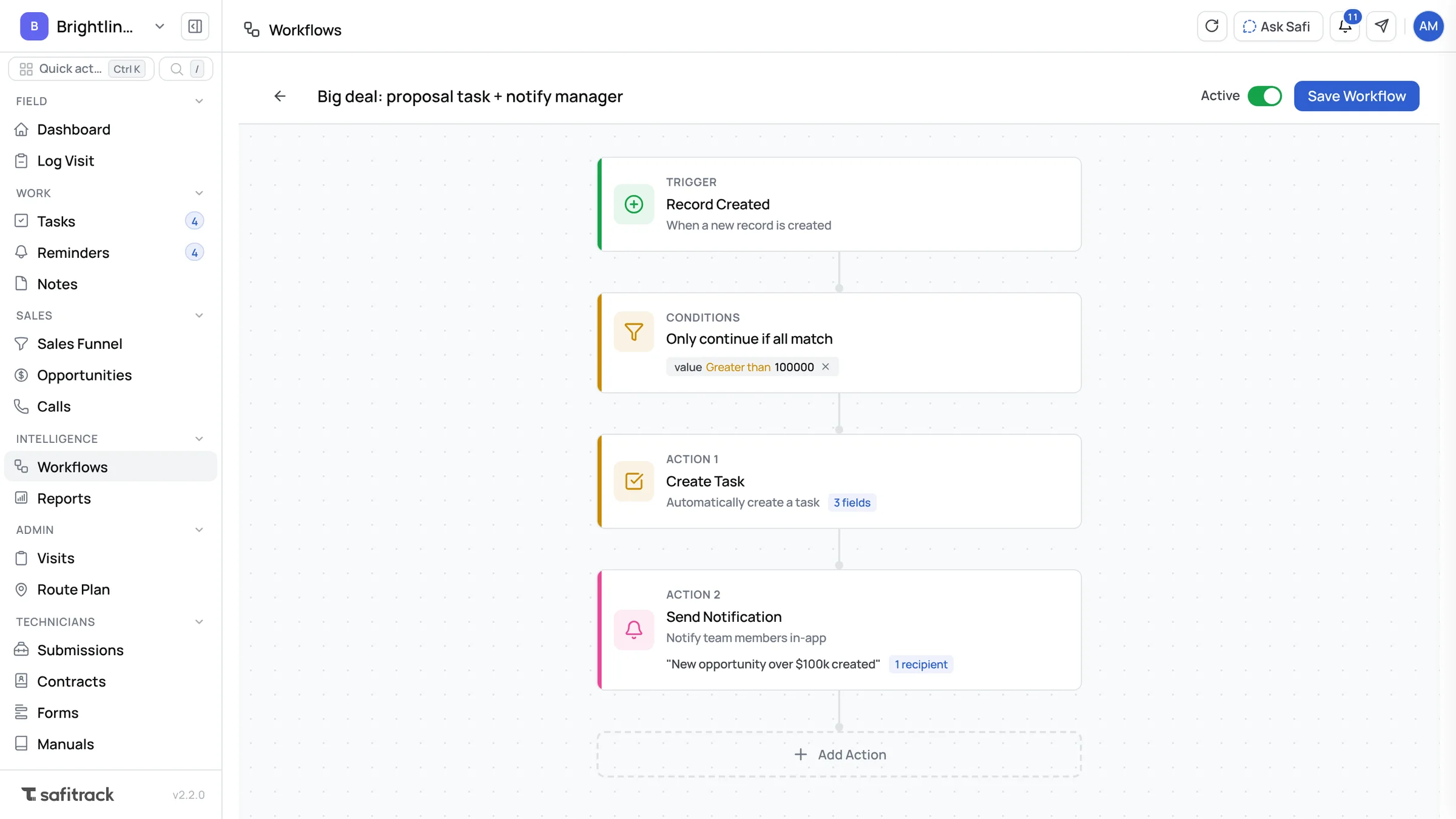 SafiTrack workflow builder: when a deal over $100,000 is created, create a task and notify the manager